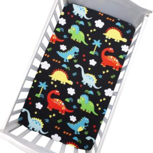 JISEN Baby Crib Sheets 2 Piece Portable Fitted Crib Sheet for Standard Crib and Toddler Mattresses Nursery Bed Decor for Boys Girls 28x52 Inch Grey/Black Dinosaurs