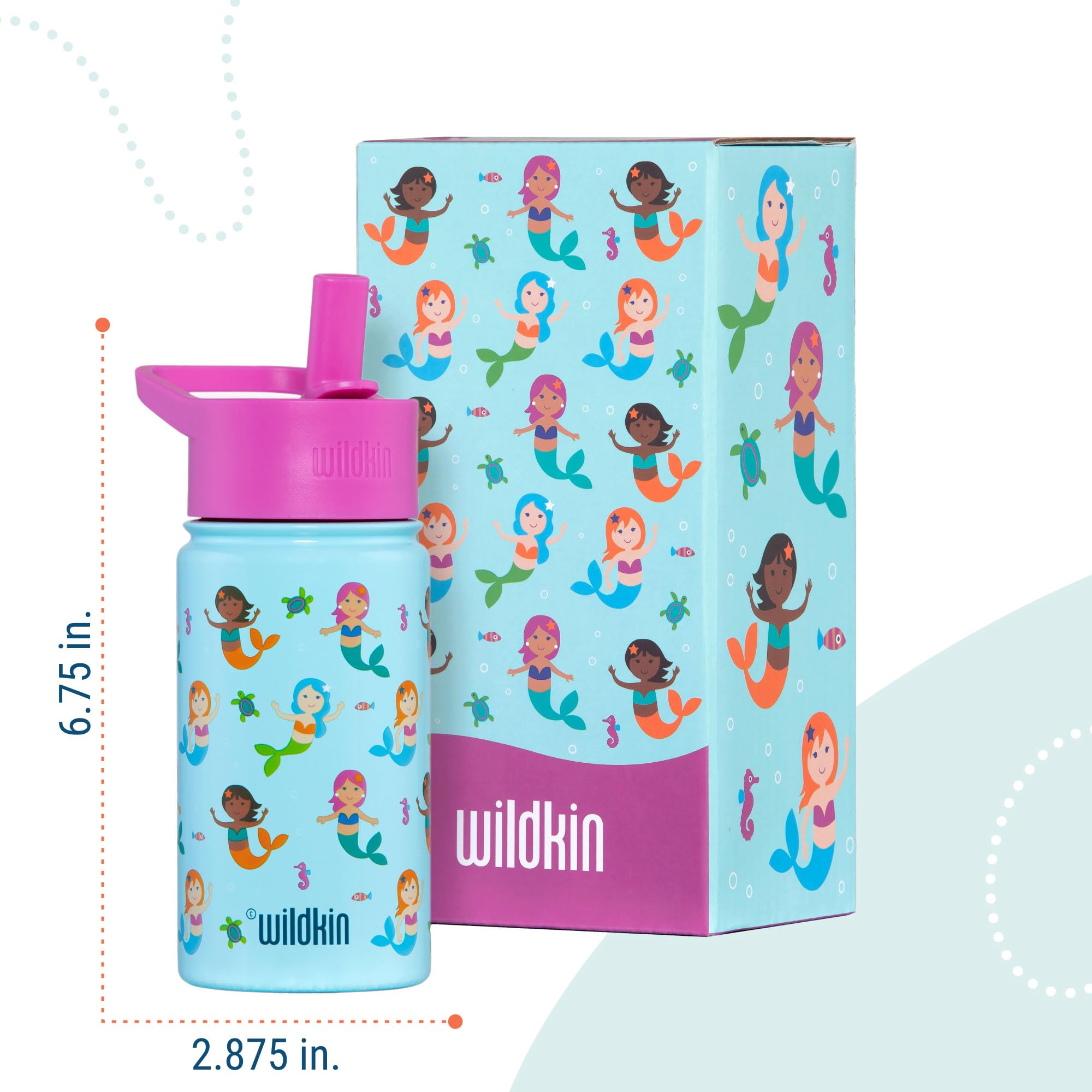 Wildkin Kids 14 oz Reusable BPA-Free Stainless Steel Water Bottle with Leak Proof Lid for Boys & Girls, Insulated, Durable, and Easy to Clean Water Bottles for Toddlers - Mermaids