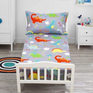 JISEN Toddler Bedding Set 2 Piece Toddler Fitted Sheet and Pillowcase Set Kids Bedding Set Soft Breathable Microfiber Toddler Sheet Set for Boys Girls Grey Dinosaurs