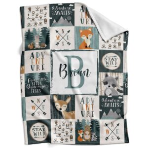 honestchi personalized woodland baby blankets for boys with name - repeating name custom baby blankets - customized gifts for newborn boy - soft fleece