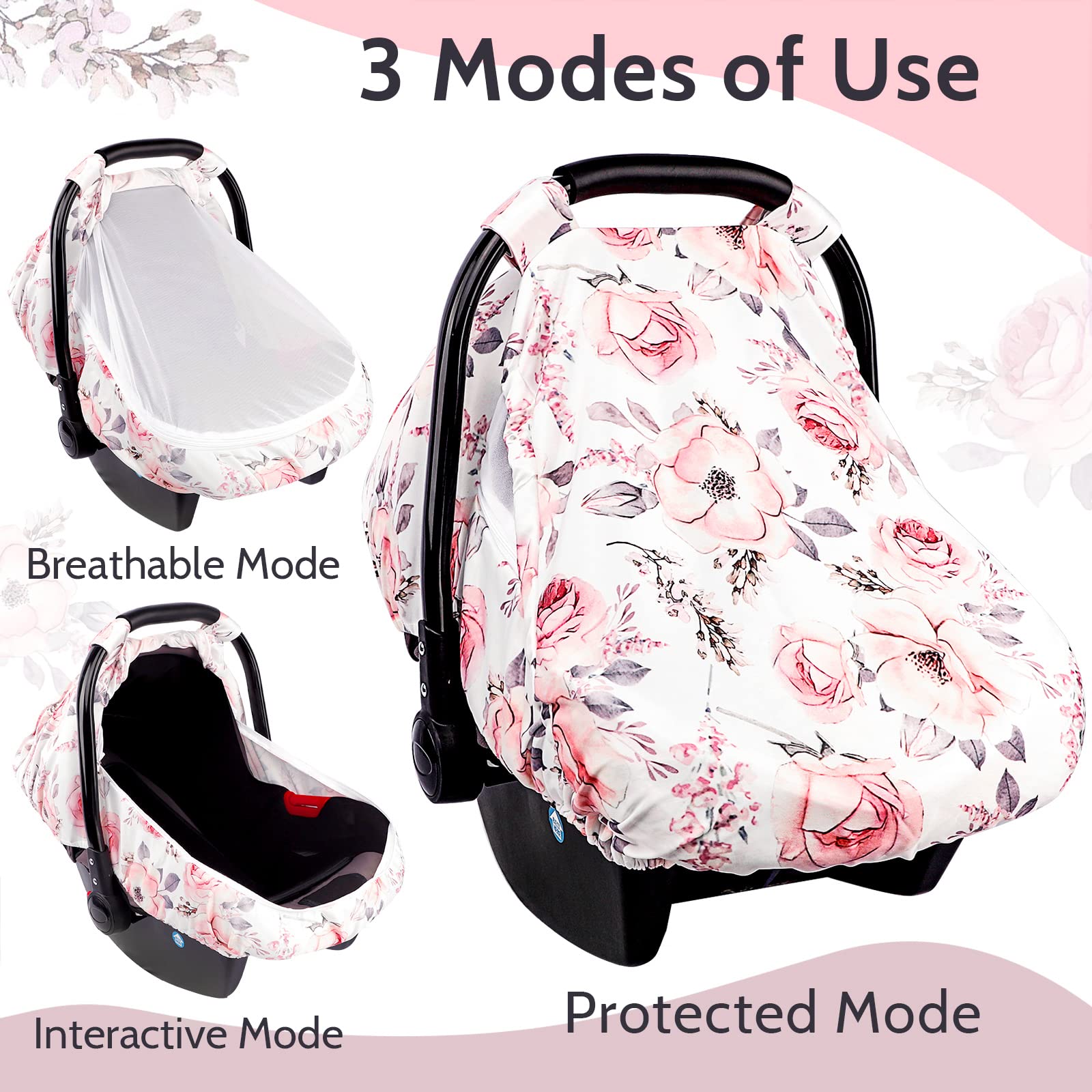 Baby Car Seat Headrest & Strap Cover, Carseat Cover Girls, Watercolor Pink Floral