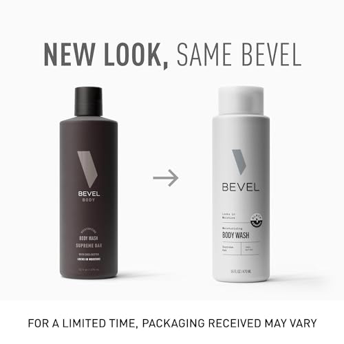 Bevel Exfoliating and Moisturizing Body Wash Bundle for Men - Dark Cassis & Supreme Oak Scent Bundle with Charcoal and Argan Oil, 16 Oz Pack of 2 (Packaging May Vary)