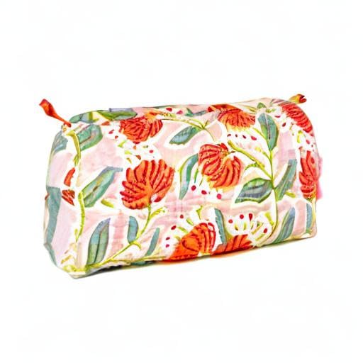 Block Print Designer Toiletry Bag & Makeup Case - Boho Floral Quilted Pouch for Cosmetics, Skincare - Waterproof Lined Organizer for Diaper Bag, Purse, Travel, Gift, Pencils (Pink Multi Floral)