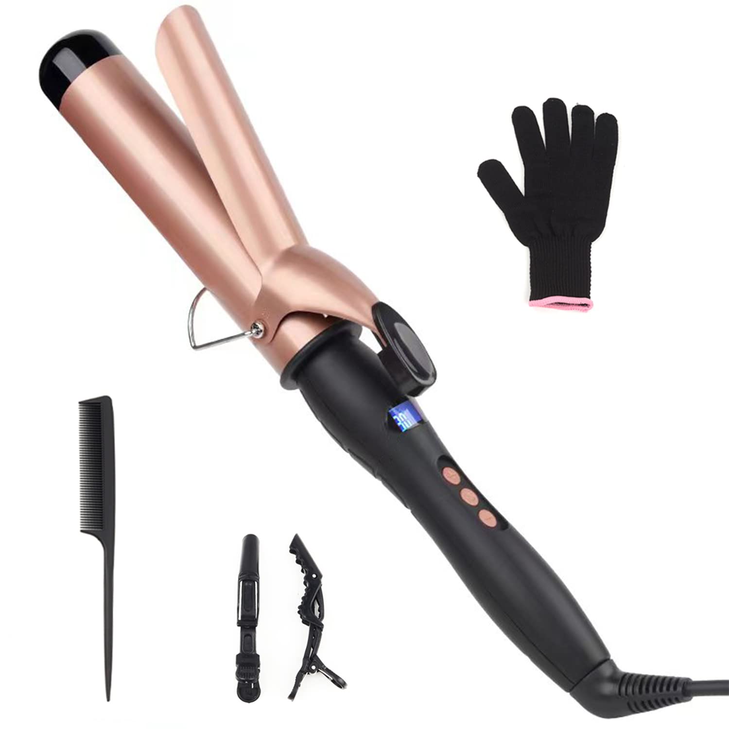 Hair Curling Wand, 1.5Inch Curling Iron, Professional Ceramic Hair Curler Wand, Big Curls with Adjustable Digital Temperature, Dual Voltage, Auto Shut-Off