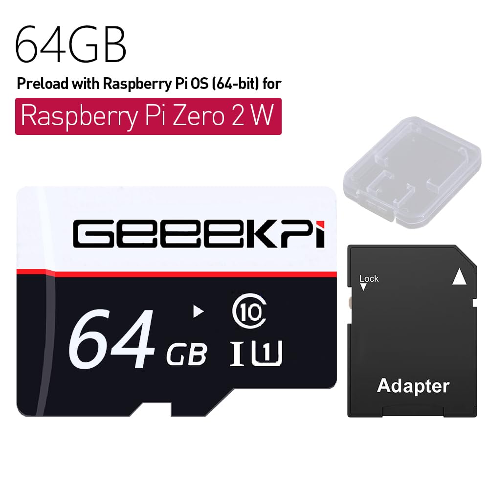 GeeekPi Starter Kit for Raspberry Pi Zero 2 W, with Zero 2 W Aluminum Case, 64GB Card Preloaded OS, QC3.0 Power Supply, 20Pin Header, Micro USB to OTG Adapter, HDMI Cable, Heatsink, Switch Cable