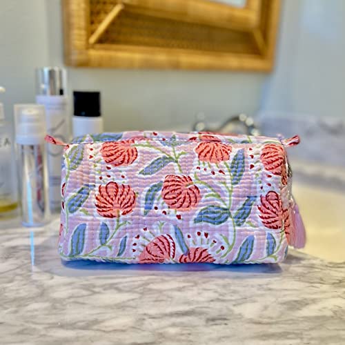 Block Print Designer Toiletry Bag & Makeup Case - Boho Floral Quilted Pouch for Cosmetics, Skincare - Waterproof Lined Organizer for Diaper Bag, Purse, Travel, Gift, Pencils (Pink Multi Floral)