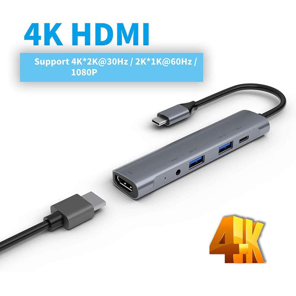 USB C HUB, 5 in 1 Type C Port Adapter with HDMI 4K, 3.5mm Audio Output, USB 3.0, USB 2.0, USB-C PD Charging, Type-C Docking Station for MacBook pro, iPad, Nintendo