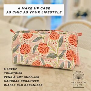 Block Print Designer Toiletry Bag & Makeup Case - Boho Floral Quilted Pouch for Cosmetics, Skincare - Waterproof Lined Organizer for Diaper Bag, Purse, Travel, Gift, Pencils (Pink Multi Floral)