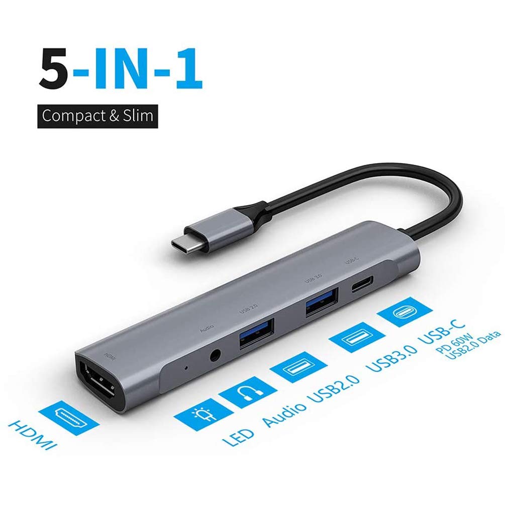 USB C HUB, 5 in 1 Type C Port Adapter with HDMI 4K, 3.5mm Audio Output, USB 3.0, USB 2.0, USB-C PD Charging, Type-C Docking Station for MacBook pro, iPad, Nintendo