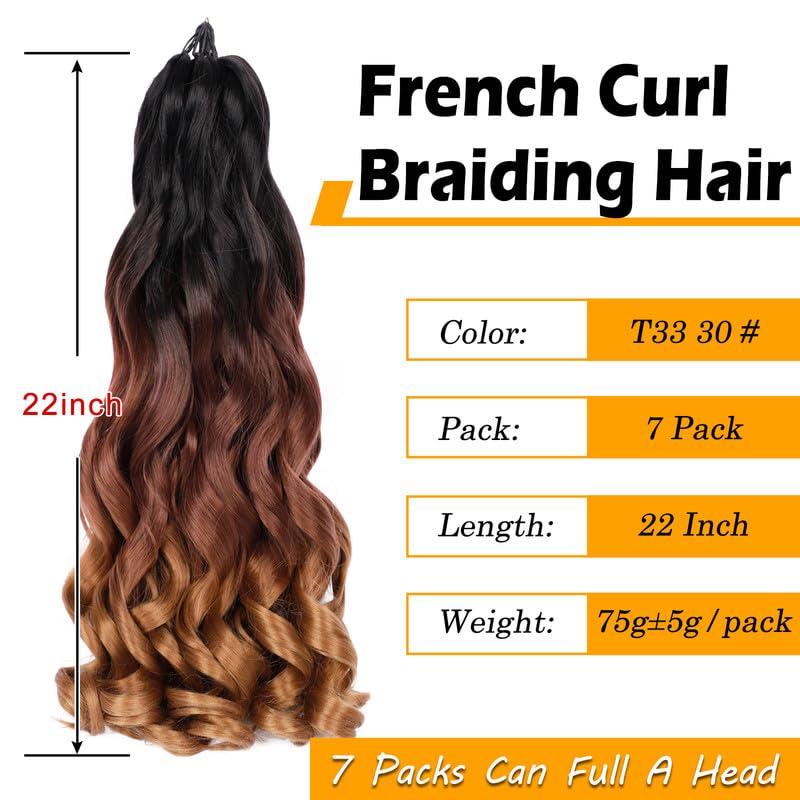 French Curly Braiding Hair 7 Packs 22 Inch Pre Stretched Braiding Hair Ombre Bouncy Loose Wave Crochet Braids for Women Spanish Curly Ends Synthetic Hair Extensions (7 Packs, 1B/33/30#)