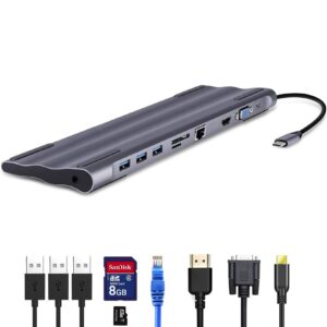 usb c hub, 10 in 1 multiport type c adapter, 4k hdmi, vga, rj45 gigabit ethernet, type c fast charging pd, 3 usb 3.0, 3.5mm audio, sd/tf card reader for macbook pro, ipad pro, mac, laptops