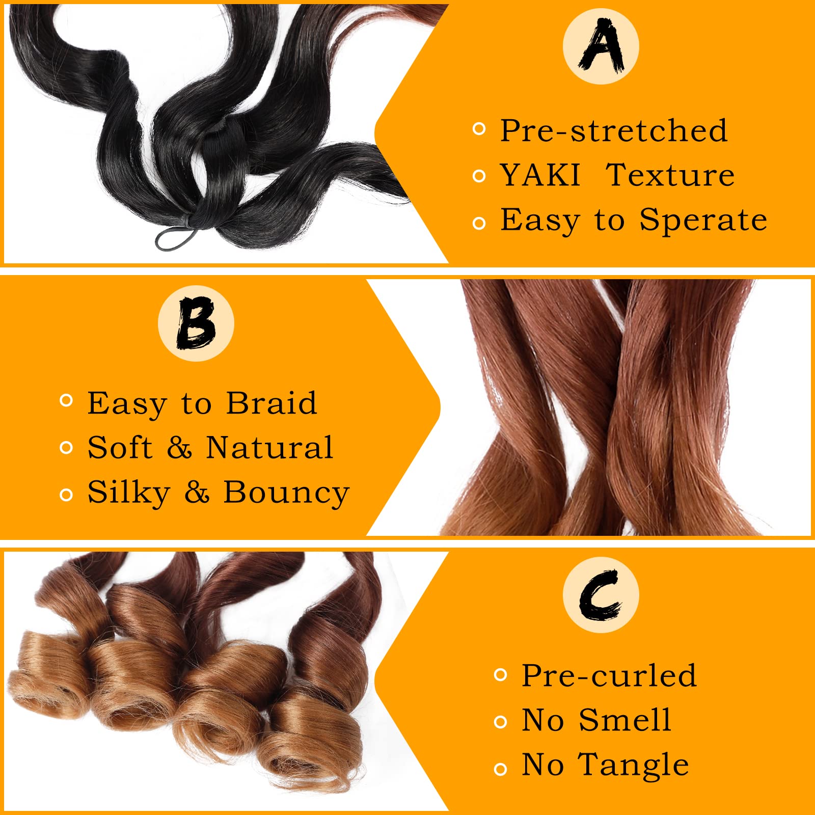 French Curly Braiding Hair 7 Packs 22 Inch Pre Stretched Braiding Hair Ombre Bouncy Loose Wave Crochet Braids for Women Spanish Curly Ends Synthetic Hair Extensions (7 Packs, 1B/33/30#)