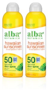 alba botanica sunscreen spray for face and body, broad spectrum spf 50 sunscreen, hawaiian coconut, water resistant and biodegradable, 6 fl. oz. bottle (pack of 2)