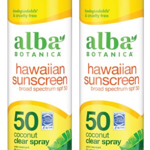 Alba Botanica Sunscreen Spray for Face and Body, Broad Spectrum SPF 50 Sunscreen, Hawaiian Coconut, Water Resistant and Biodegradable, 6 fl. oz. Bottle (Pack of 2)