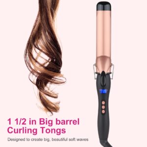 Hair Curling Wand, 1.5Inch Curling Iron, Professional Ceramic Hair Curler Wand, Big Curls with Adjustable Digital Temperature, Dual Voltage, Auto Shut-Off