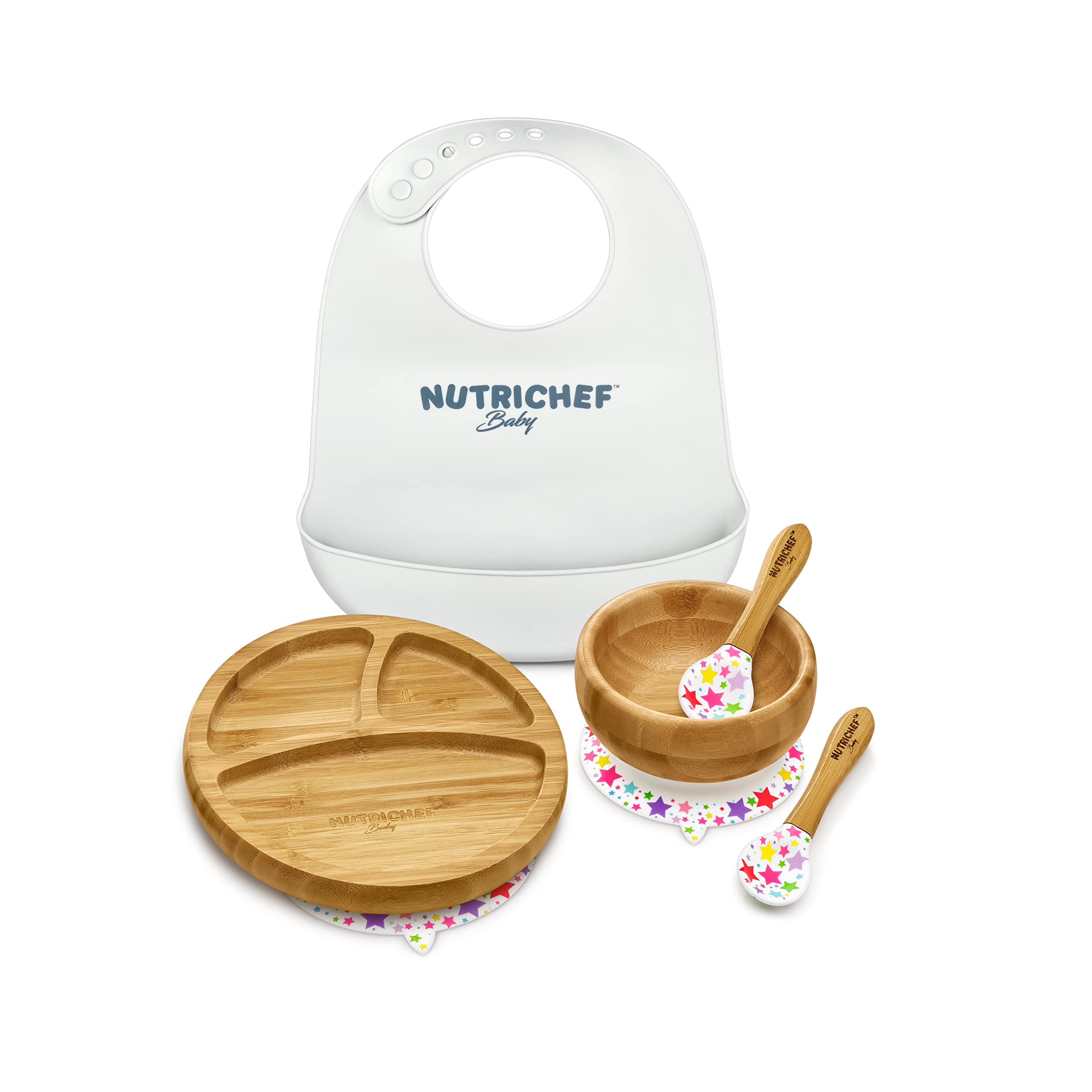 NutriChef Round Bamboo Baby Plate, Star Set with Bib