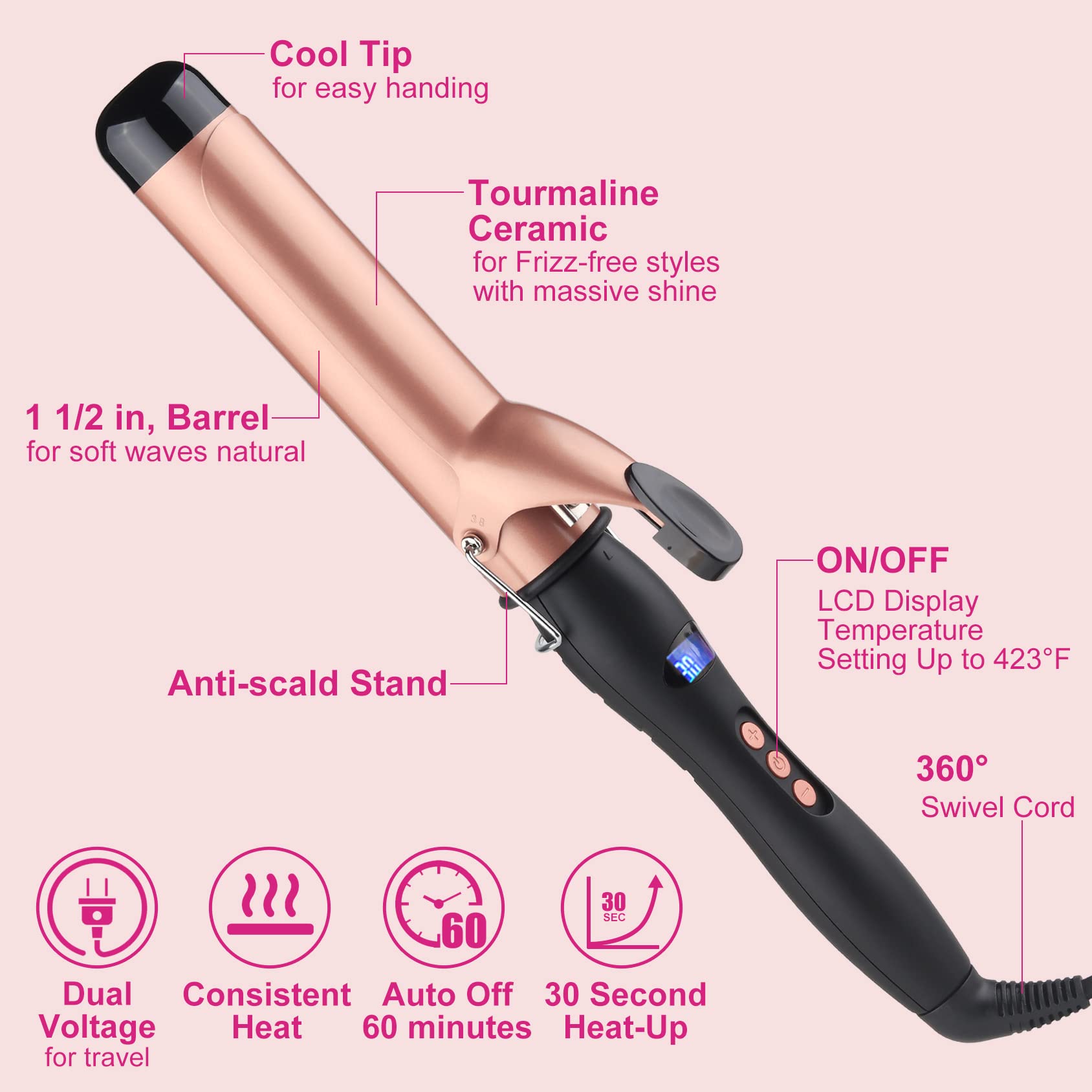 Hair Curling Wand, 1.5Inch Curling Iron, Professional Ceramic Hair Curler Wand, Big Curls with Adjustable Digital Temperature, Dual Voltage, Auto Shut-Off