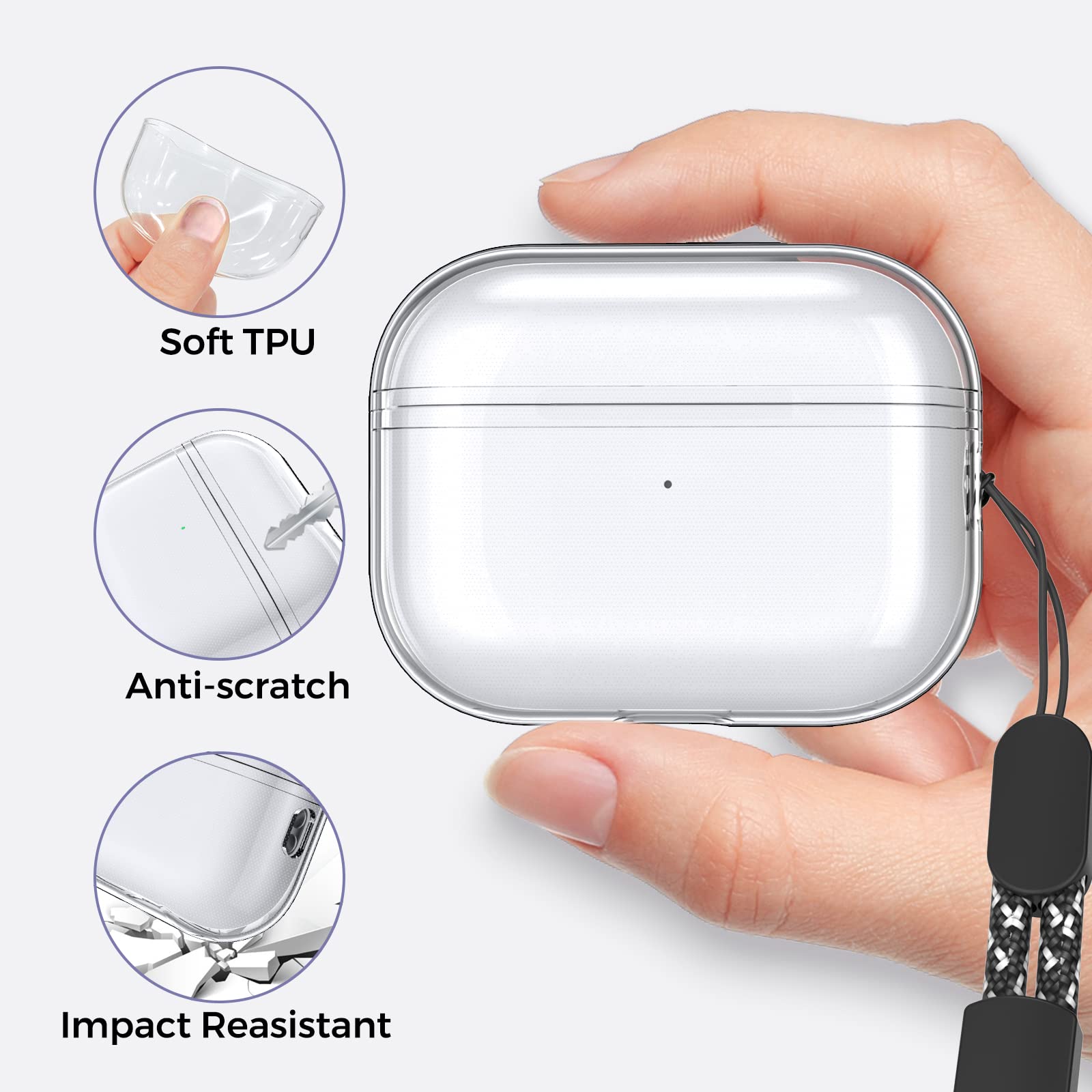 AhaStyle Clear Airpods Pro 2 Case (2023/2022) Soft TPU Protective Covers Come with Hand Strap Compatible with Apple AirPods Pro 2 [USB-C/Lightning Cable] Charging Case (Clear)