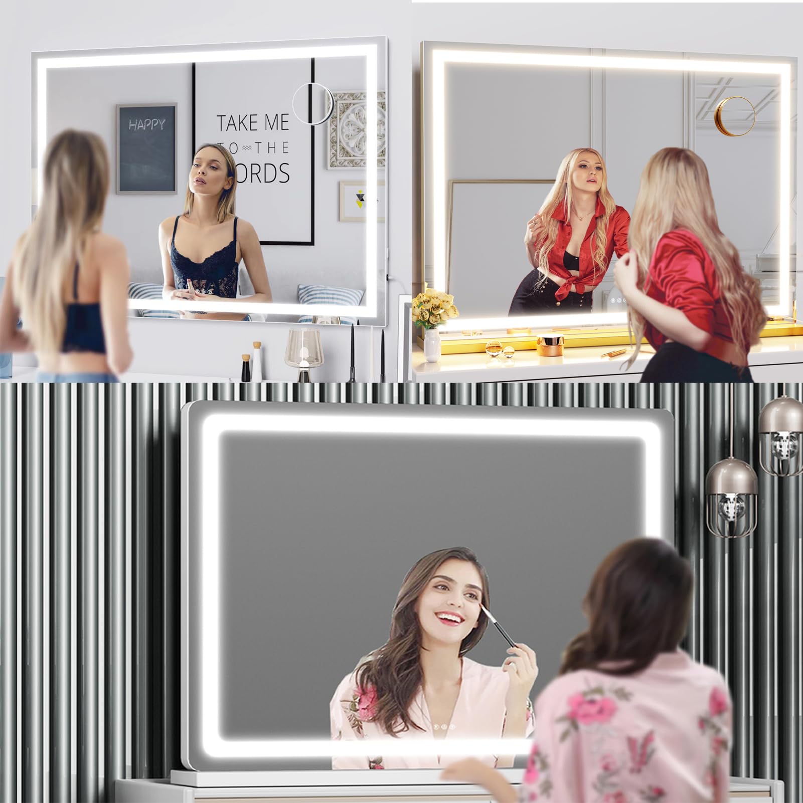 Gvnkvn Makeup Vanity Mirror with Lights 32" x 24" Large LED Makeup Mirror, Light up Mirror with 10X Magnification and USB Charging Port, with Dimmable 3 Modes, Touch Screen Control Round Black