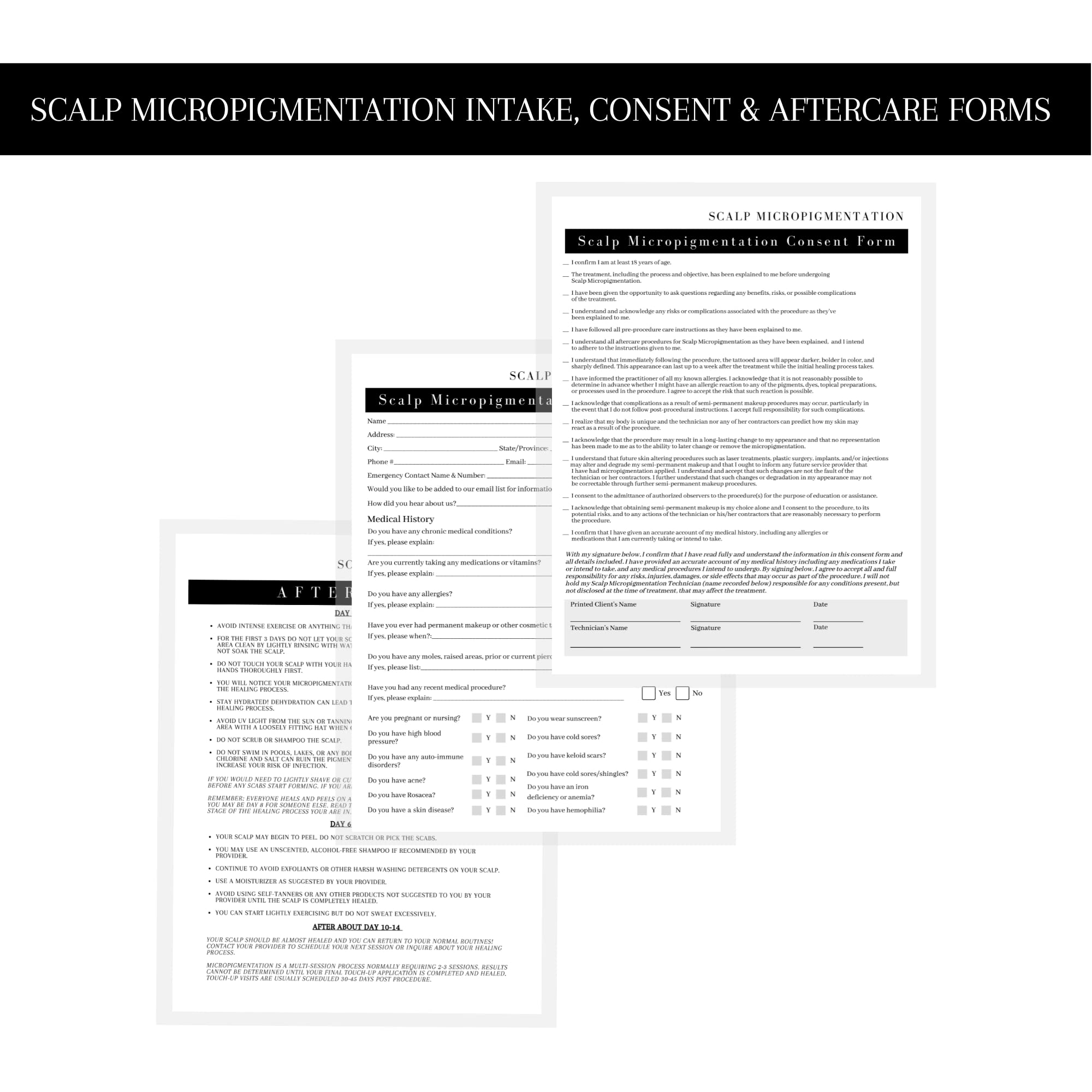 Scalp Micropigmentation Client Intake Forms: Intake,Consent,Consultation and Aftercare Forms | 75pk 25 of Each | for PMU Scalp Tattoo Professional Pigmentation 8.5 x 11” in Forms, Black and White