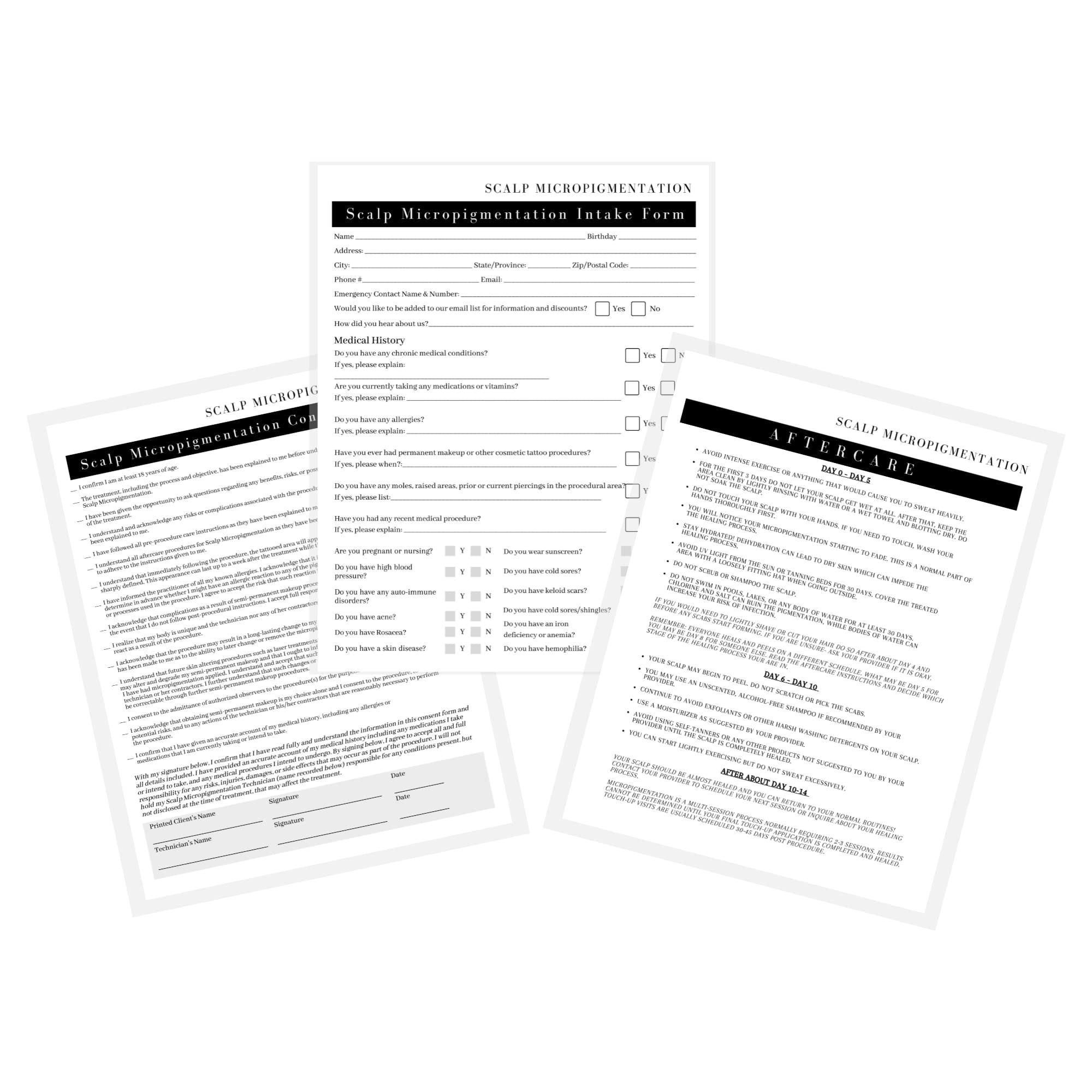 Scalp Micropigmentation Client Intake Forms: Intake,Consent,Consultation and Aftercare Forms | 75pk 25 of Each | for PMU Scalp Tattoo Professional Pigmentation 8.5 x 11” in Forms, Black and White