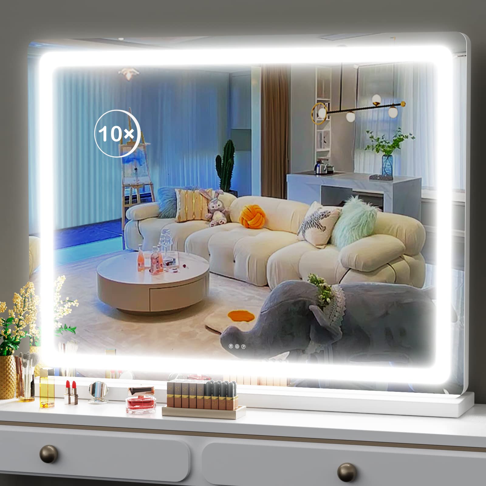 Gvnkvn Makeup Vanity Mirror with Lights 32" x 24" Large LED Makeup Mirror, Light up Mirror with 10X Magnification and USB Charging Port, with Dimmable 3 Modes, Touch Screen Control Round Black