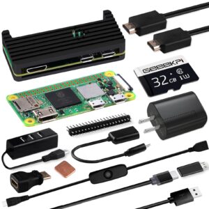 geeekpi starter kit for raspberry pi zero 2 w, with zero 2 w aluminum case, 64gb card preloaded os, qc3.0 power supply, 20pin header, micro usb to otg adapter, hdmi cable, heatsink, switch cable