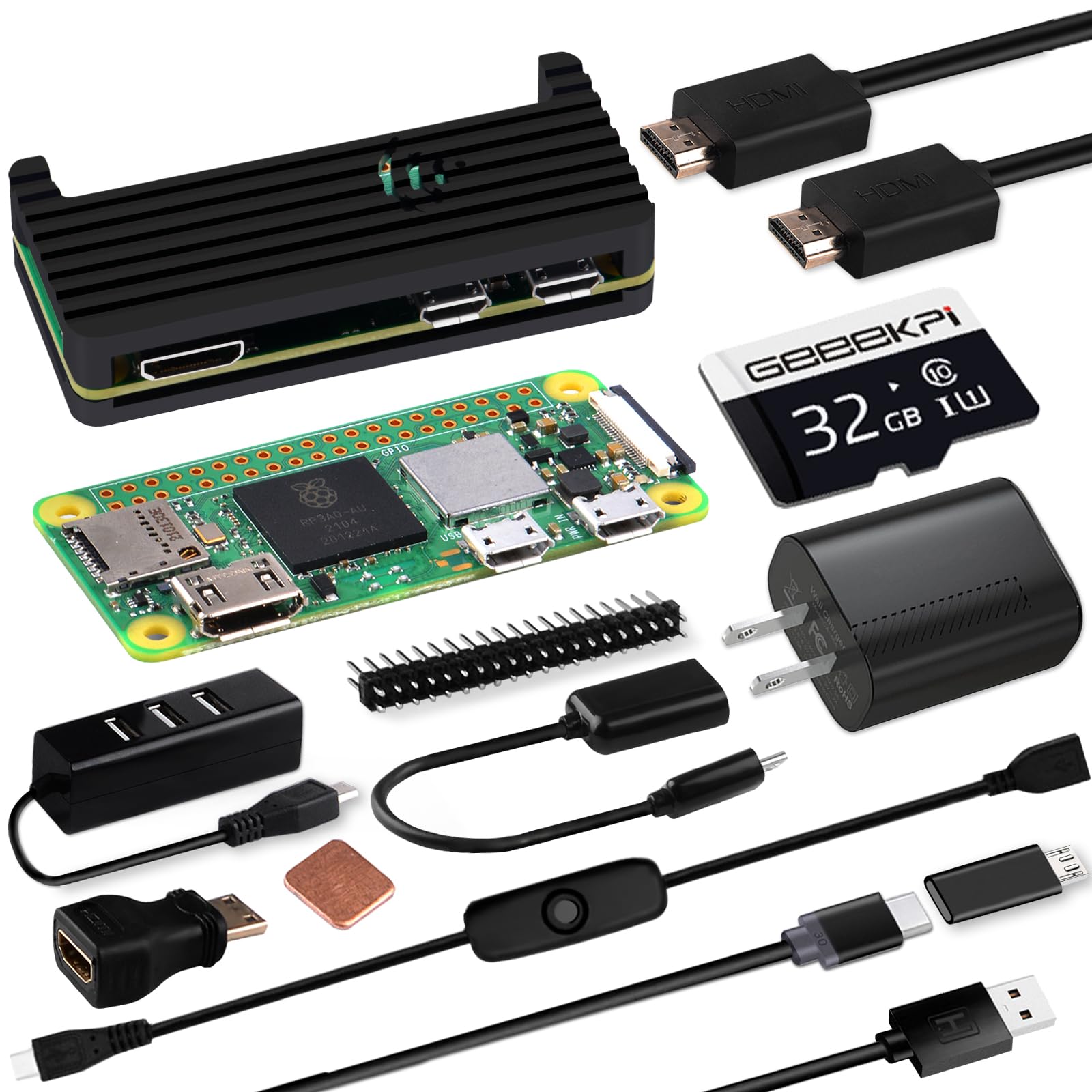 GeeekPi Starter Kit for Raspberry Pi Zero 2 W, with Zero 2 W Aluminum Case, 64GB Card Preloaded OS, QC3.0 Power Supply, 20Pin Header, Micro USB to OTG Adapter, HDMI Cable, Heatsink, Switch Cable