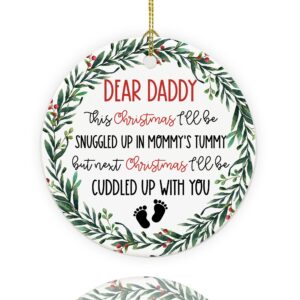 dear daddy ornament from baby bump, expecting dad ornament, pregnancy announcement, new baby ornament, daddy to be keepsake 3'' round ceramic