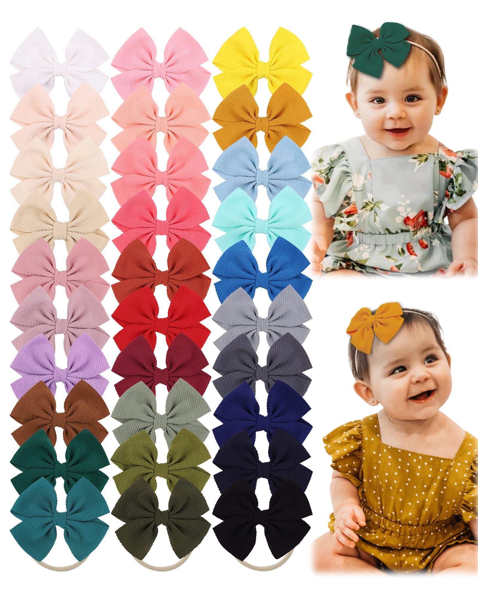 jollybows 30pcs Baby Girls Hair Bows Headband Nylon Hair Band Elastic Hair Accessories for Kids Infants Toddlers