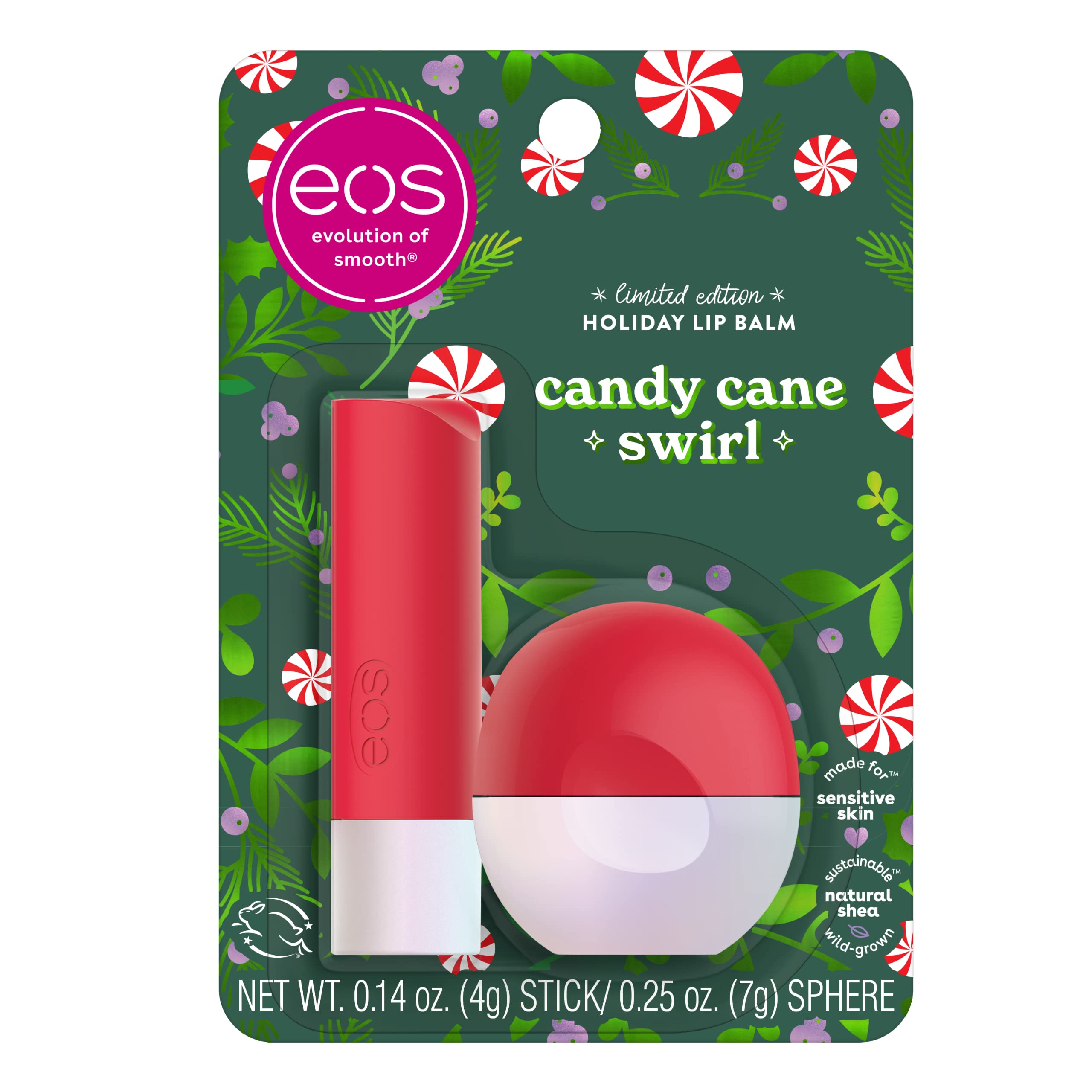 EOS Limited Edition Holiday Lip Balm, Candy Cane Swirl, All-Day Moisture, Made for Sensitive Skin, 0.39 oz, 2-Pack, Clear