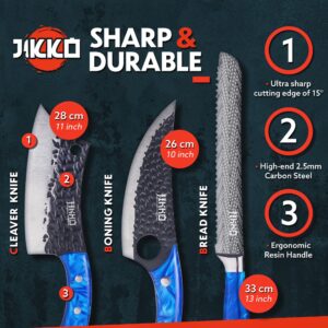 Jikko New Reinforced Carbon Steel Japanese Kitchen Knife Set – DiamondRazor Series – Ultra Sharp Japanese Knife Set & Chef Knife Set with Ocean Blue Handles – Professional Chef's Knives