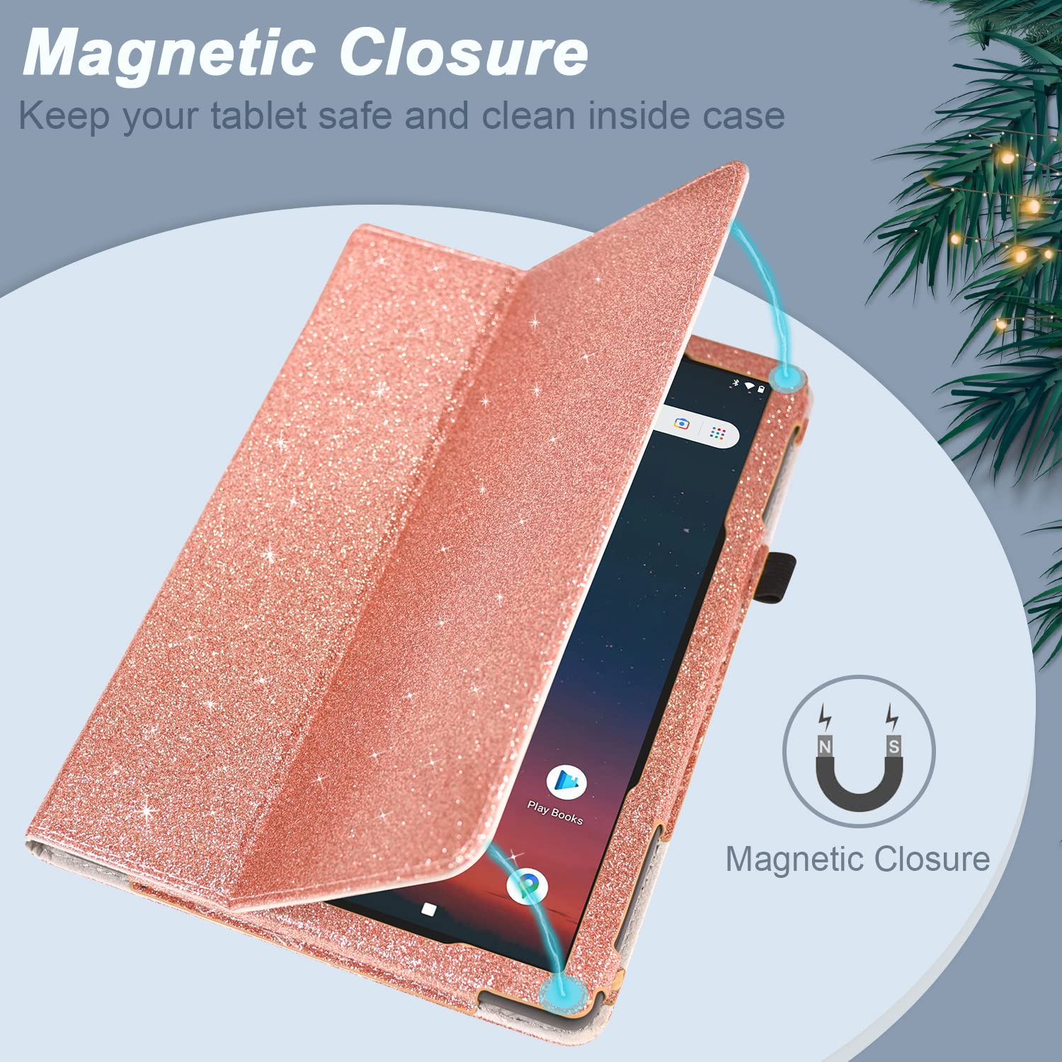 DMLuna Case for Onn 10.1 Tablet 2022 Generation 3 (Model: 100071485) ONLY, Folio Leather Cover with Hand Strap Card Slot (NOT FIT 2020 Onn 10.1 Model: 100011886 / Onn 10.1 Tablet Pro), Glitter Rose