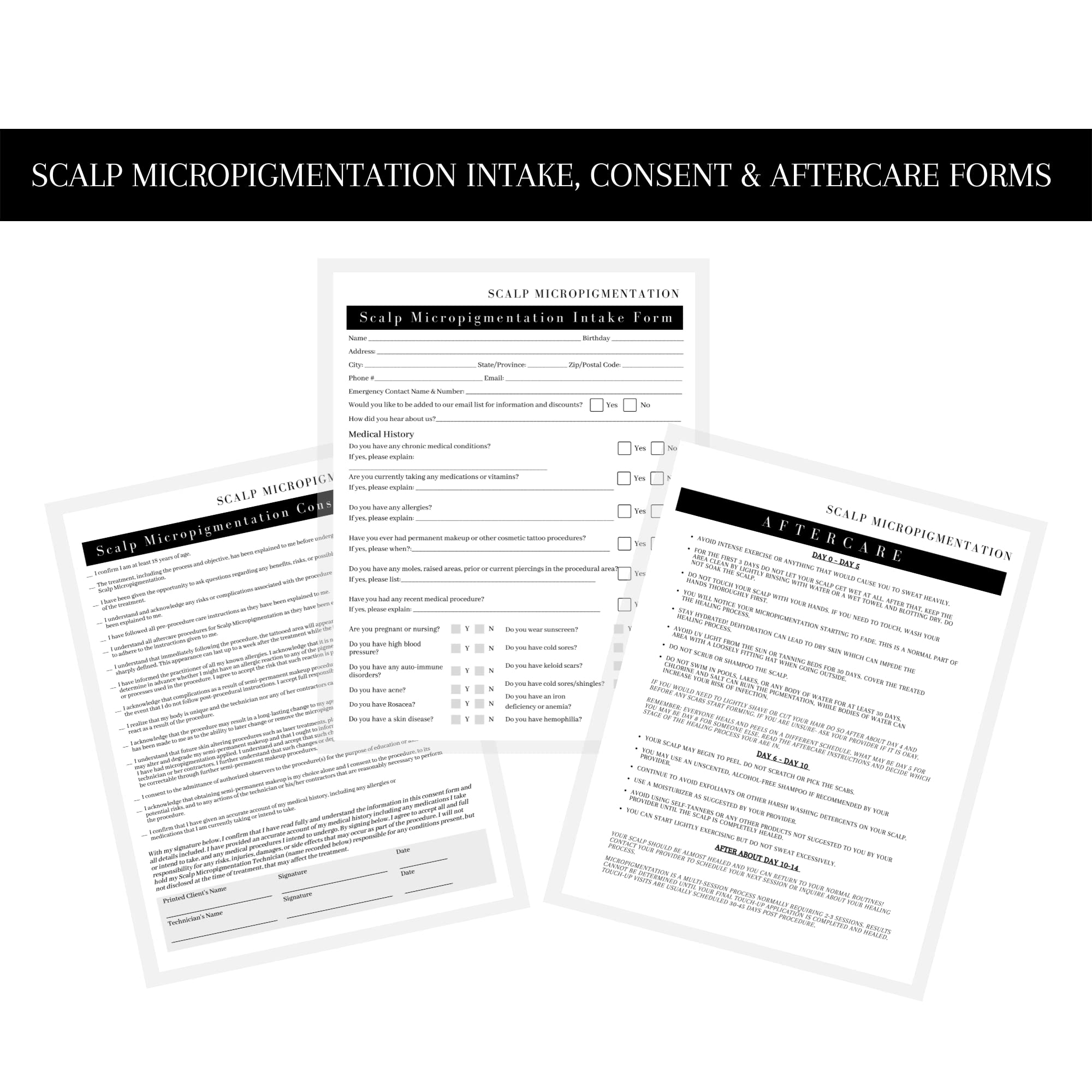 Scalp Micropigmentation Client Intake Forms: Intake,Consent,Consultation and Aftercare Forms | 75pk 25 of Each | for PMU Scalp Tattoo Professional Pigmentation 8.5 x 11” in Forms, Black and White