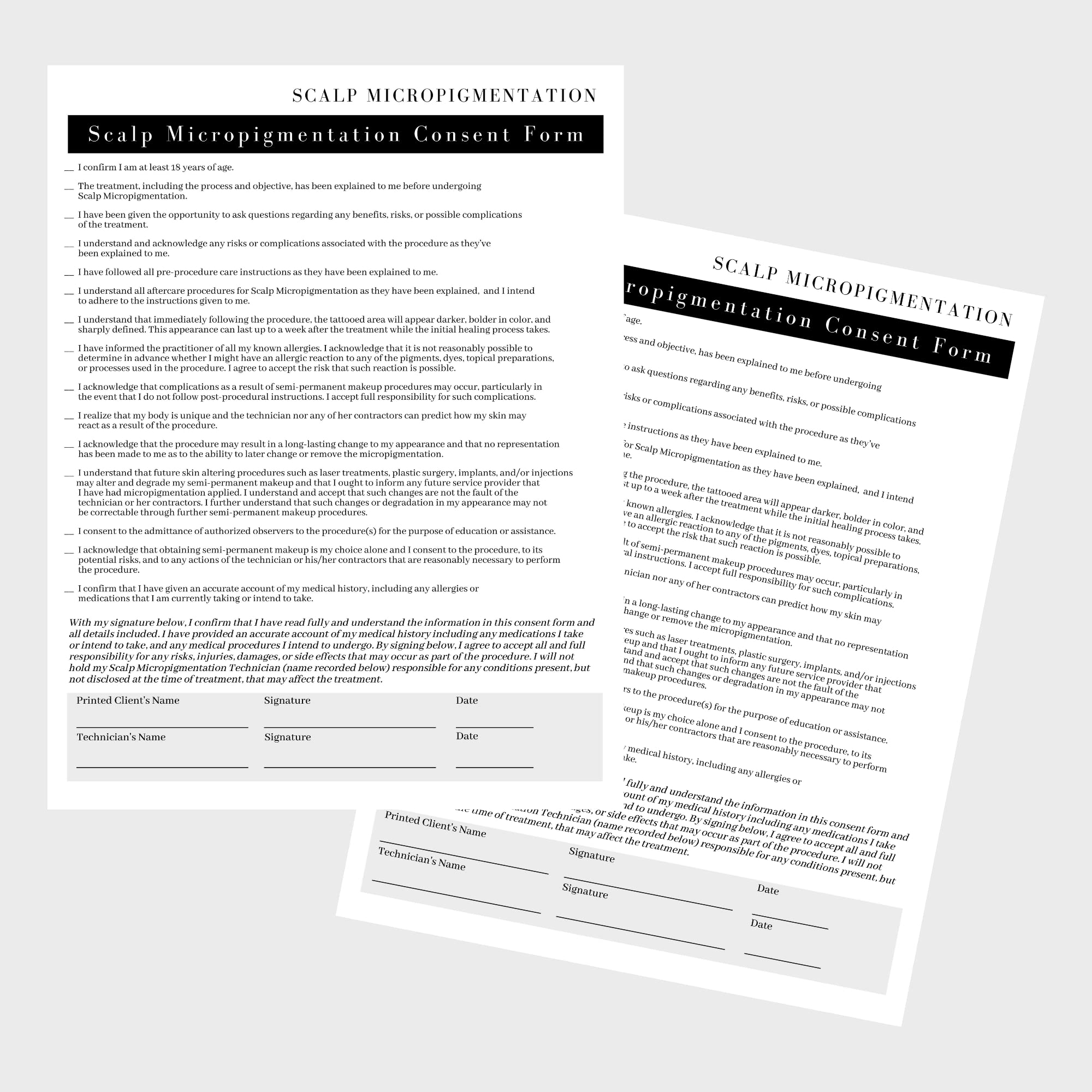 Scalp Micropigmentation Client Intake Forms: Intake,Consent,Consultation and Aftercare Forms | 75pk 25 of Each | for PMU Scalp Tattoo Professional Pigmentation 8.5 x 11” in Forms, Black and White