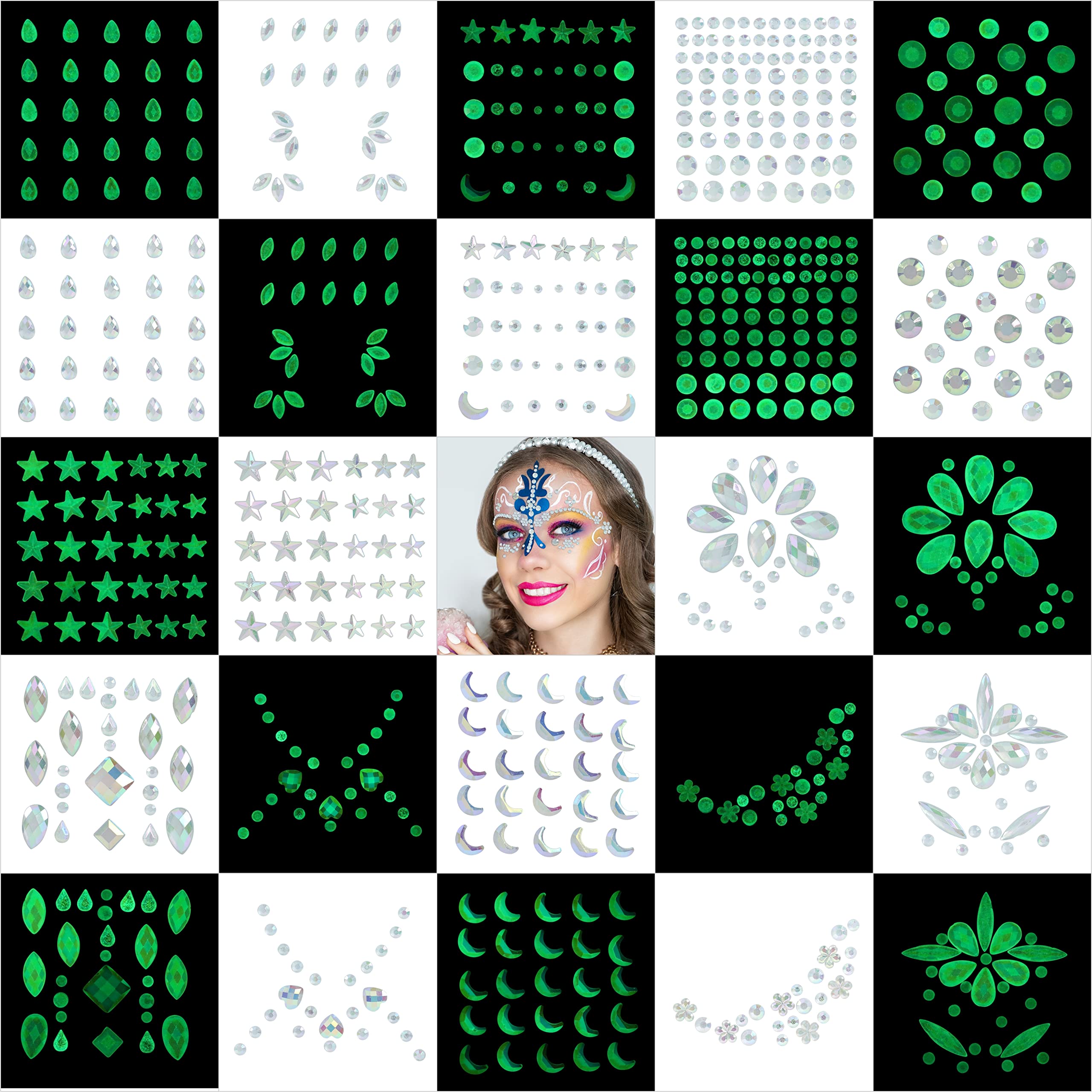 12Sets Halloween Luminous Face Gems-Noctilucent Face Jewels-Fluorescent Rhinestone Stickers Glow in the Dark for Eye Body Euphoria Makeup Jewelry Carnival Halloween Rave Festival Accessory