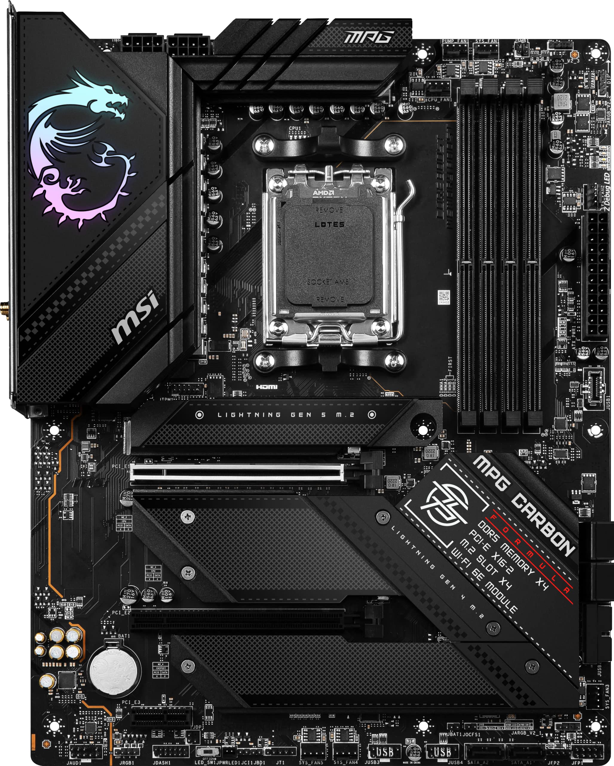 MSI MPG B650 Carbon WiFi Gaming Motherboard (AMD AM5, ATX, DDR5, PCIe 4.0, M.2, SATA 6Gb/s, USB 3.2 Gen 2, HDMI/DP, Wi-Fi 6E, AMD Ryzen 7000 Series Desktop Processors)