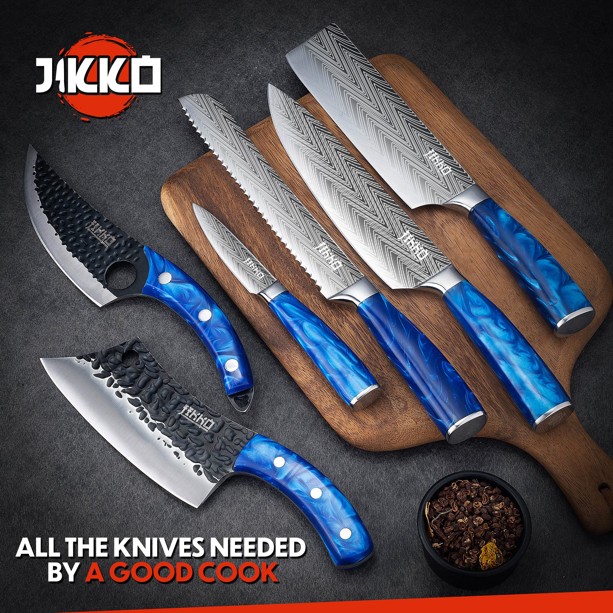 Jikko New Reinforced Carbon Steel Japanese Kitchen Knife Set – DiamondRazor Series – Ultra Sharp Japanese Knife Set & Chef Knife Set with Ocean Blue Handles – Professional Chef's Knives