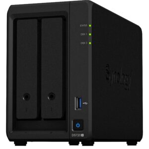 Synology DiskStation DS720+ NAS Server with Celeron 2.0GHz CPU, 6GB Memory, 36TB HDD Storage, 1TB M.2 NVMe SSD, 2 x 1GbE LAN Ports, DSM Operating System