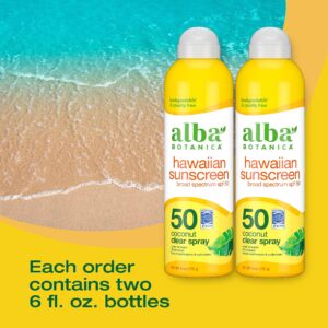 Alba Botanica Sunscreen Spray for Face and Body, Broad Spectrum SPF 50 Sunscreen, Hawaiian Coconut, Water Resistant and Biodegradable, 6 fl. oz. Bottle (Pack of 2)