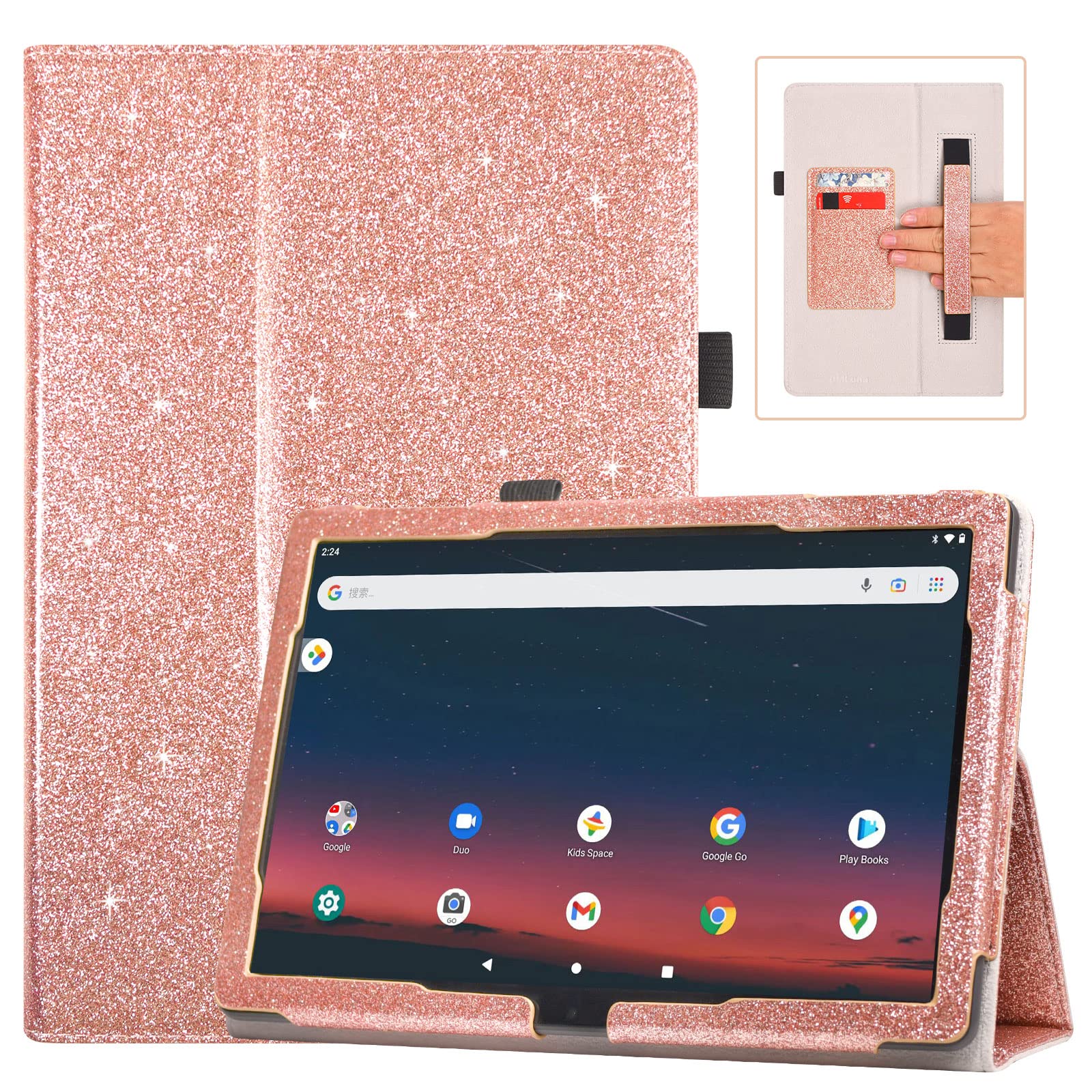 DMLuna Case for Onn 10.1 Tablet 2022 Generation 3 (Model: 100071485) ONLY, Folio Leather Cover with Hand Strap Card Slot (NOT FIT 2020 Onn 10.1 Model: 100011886 / Onn 10.1 Tablet Pro), Glitter Rose