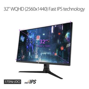 ASUS ROG Strix 32” 1440P Gaming Monitor (XG32AQ) - QHD (2560 x 1440), Fast IPS, 175Hz (OC), 1ms, G-SYNC compatible, Variable Overdrive, Eye Care, DisplayHDR 600, DisplayPort, HDMI, USB, 96% DCI-P3