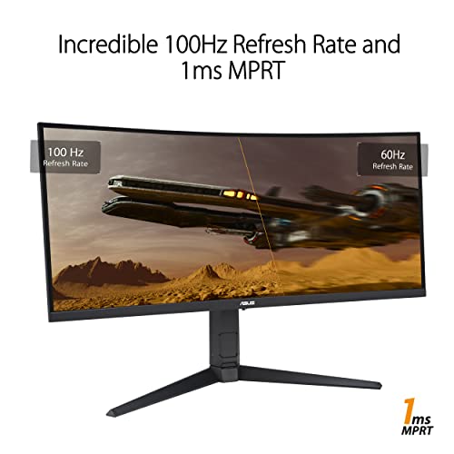 ASUS TUF Gaming 34” Ultra-Wide Curved HDR Monitor (VG34VQEL1A) - 21:9, UWQHD (3440 x 1440), 100Hz, Extreme Low Motion Blur, FreeSync, 1ms, DisplayPort, HDMI, USB, Tripod Socket, Height Adjustable