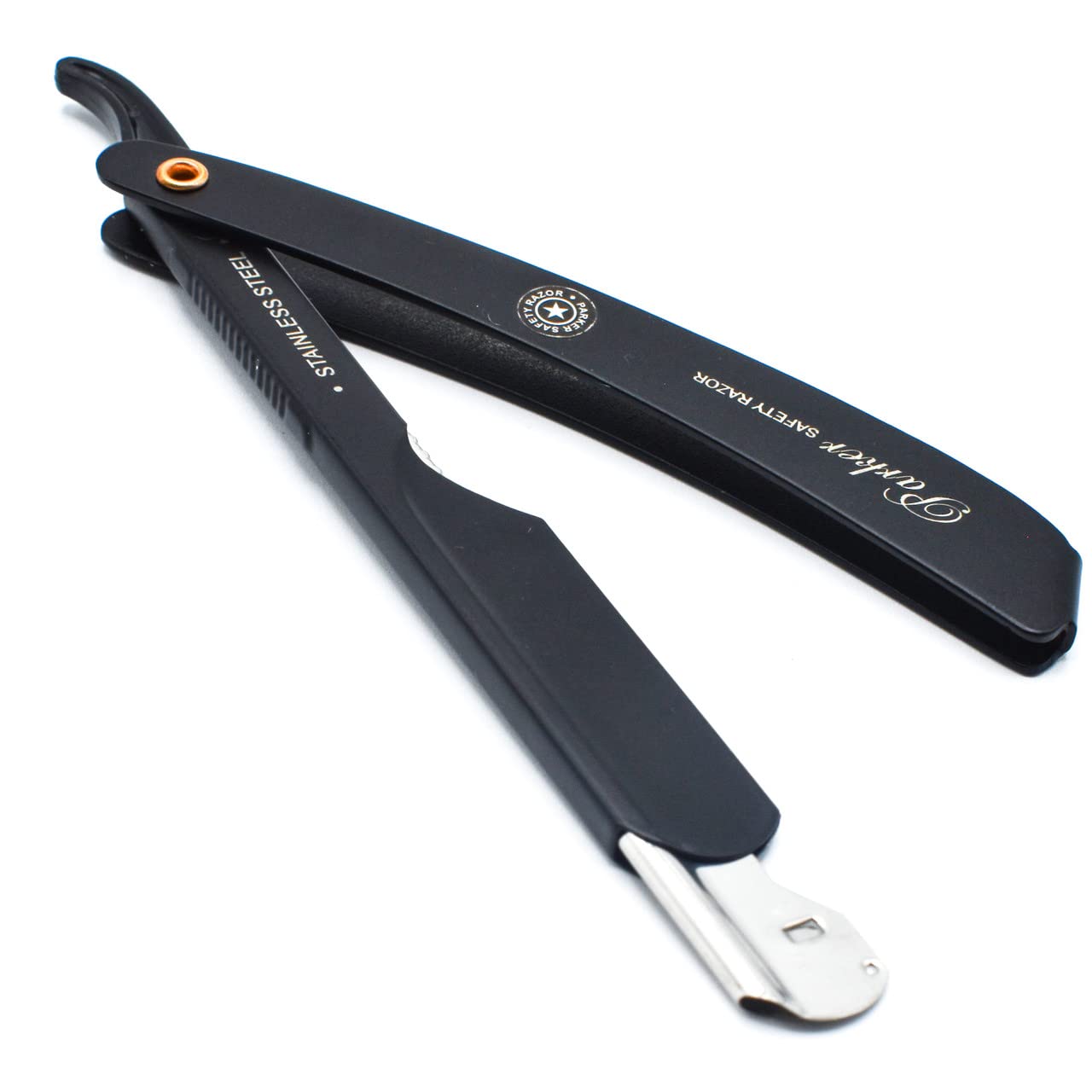 Parker ADJUSTABLE Stainless Steel Black Handle Straight Barber Razor - Customize your Shave with 3 Different Blade Inserts - 5 Parker Razor Blades Included