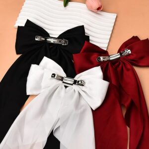 Large Hair Bow Clips for Women Girls Silky Satin Hair Barrettes with Long Ribbon Tail White Hair Bows Slides Wedding Hair Accessories for Women Girls