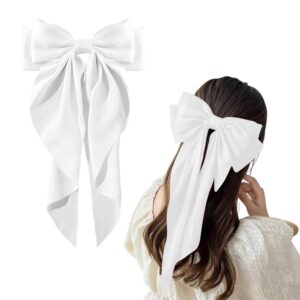 Large Hair Bow Clips for Women Girls Silky Satin Hair Barrettes with Long Ribbon Tail White Hair Bows Slides Wedding Hair Accessories for Women Girls