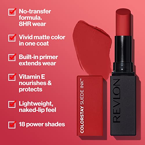 REVLON Lipstick, ColorStay Suede Ink, Built-in Primer, Infused with Vitamin E, Waterproof, Smudge-proof, Matte Color, 015 Lip Boom, 0.09 oz.