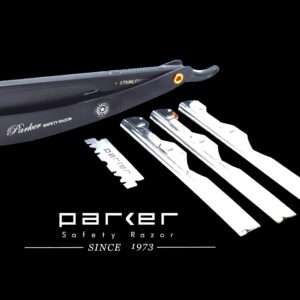 Parker ADJUSTABLE Stainless Steel Black Handle Straight Barber Razor - Customize your Shave with 3 Different Blade Inserts - 5 Parker Razor Blades Included