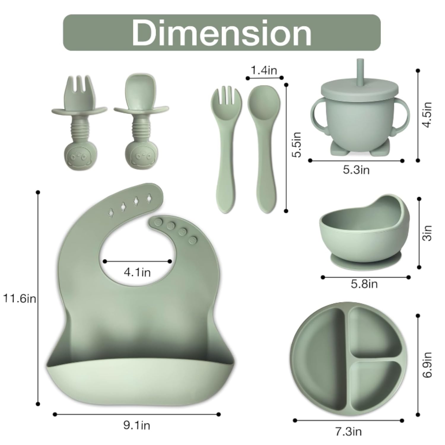 Mutualproducts 10 Pcs Baby Utensils – Silicone Baby Spoons and Forks for Self Feeding – Suction Plate - Anti-Choke Baby Feeding Supplies – Baby Led Weaning Set with Bibs – Great Gift Set (Green)