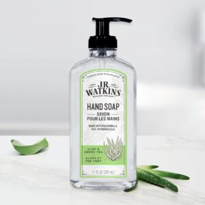 J.R. Watkins Liquid Hand Soap With Dispenser, Moisturizing Hand Soap, Alcohol-Free Hand Wash, Cruelty-Free, Liquid Soap For Bathroom or Kitchen, Aloe & Green Tea, 11 Fl Oz, 3 Pack